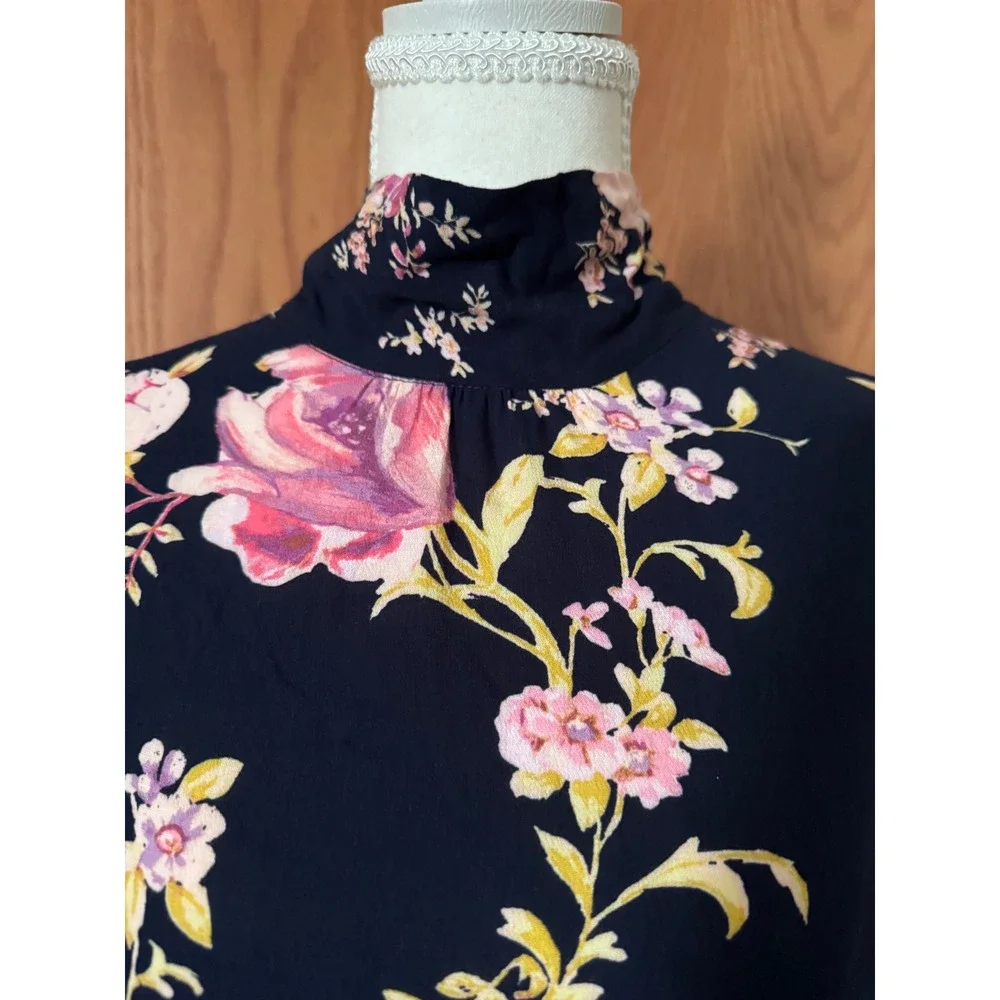 Free People Floral Open Back Mini Dress Navy Blue Bell Sleeve Mock Neck Small